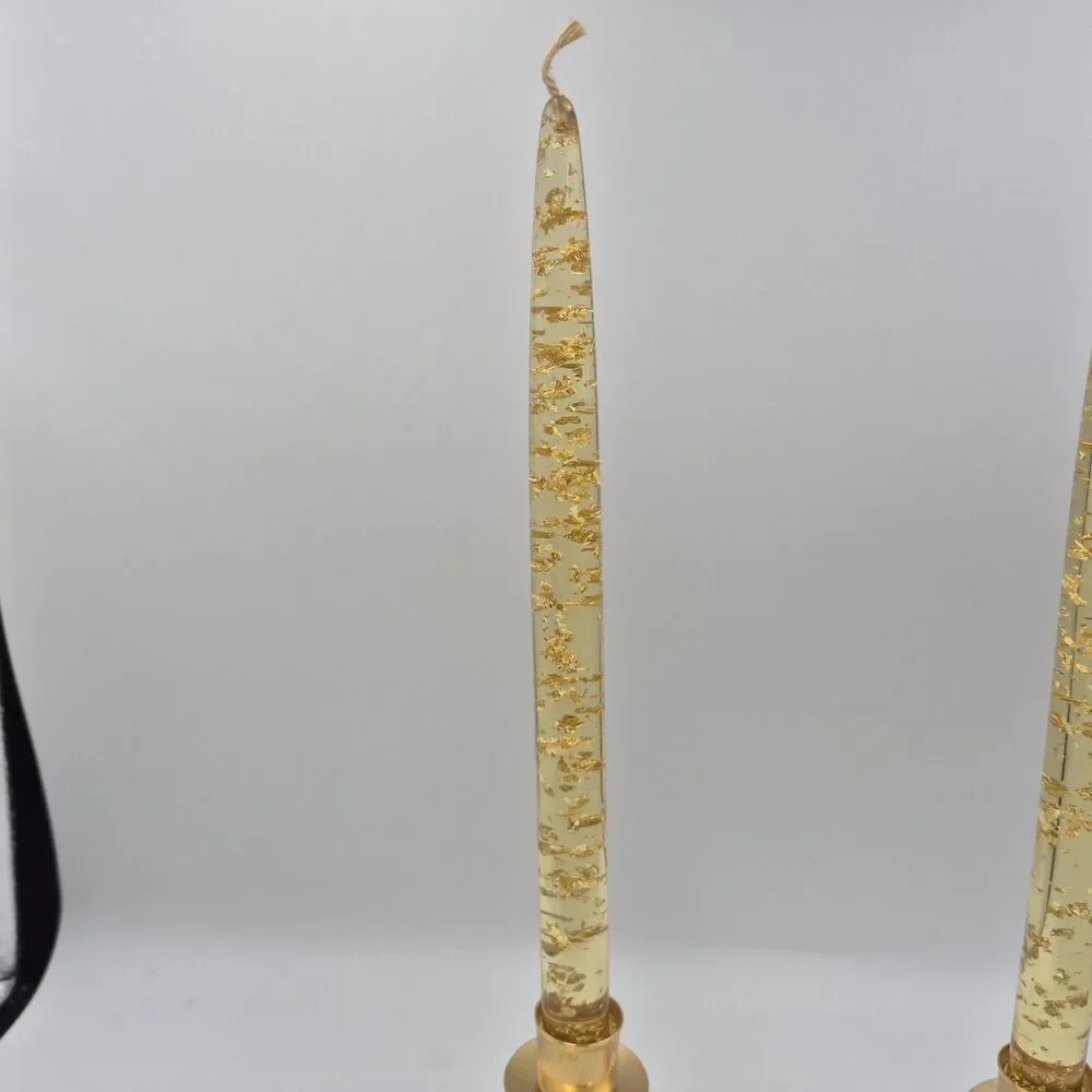 Lucite Candles clear Gold Flecks & Lycenta Gold Tone Holders Vintage