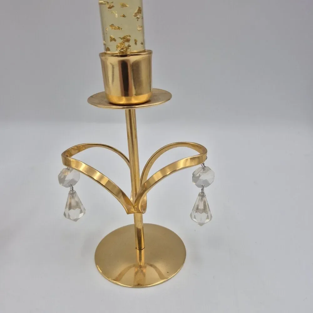 Lucite Candles clear Gold Flecks & Lycenta Gold Tone Holders Vintage
