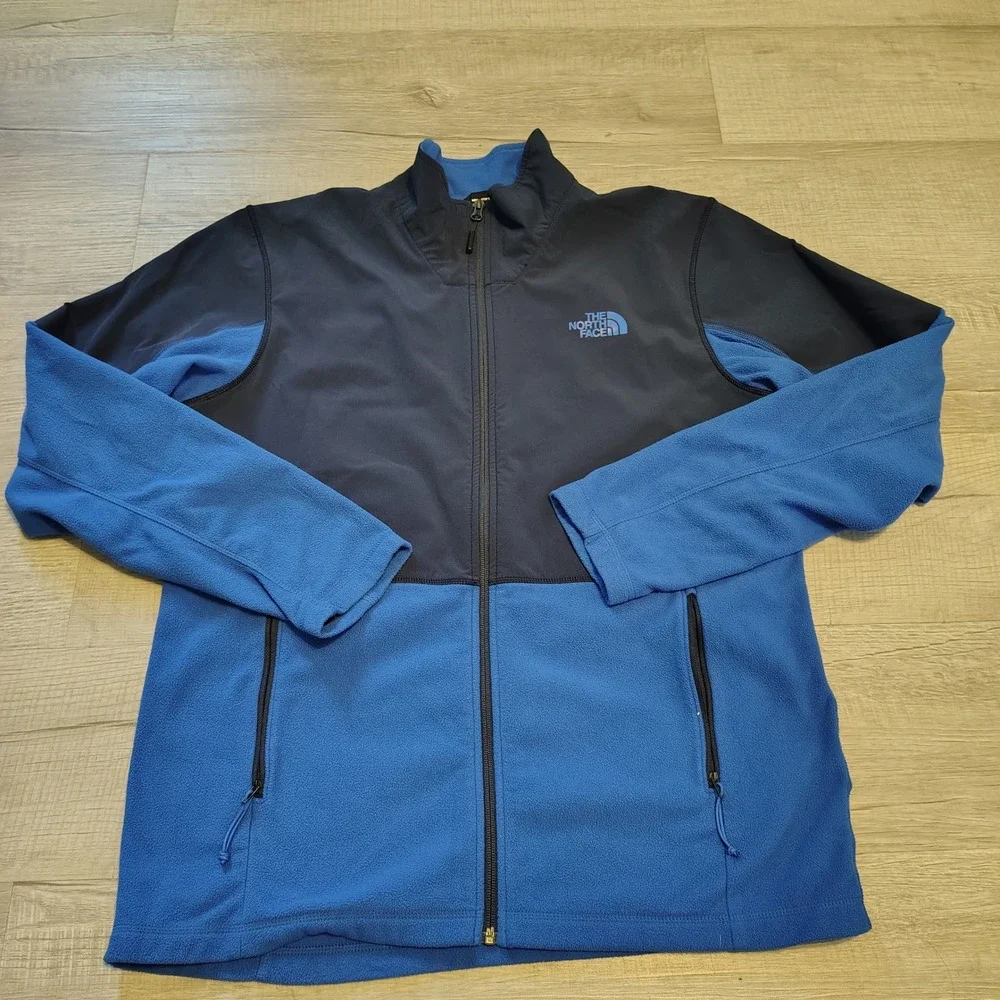 The North Face Mens Full Zip Fleece Jacket Blue Navy Softshell Overlay Large