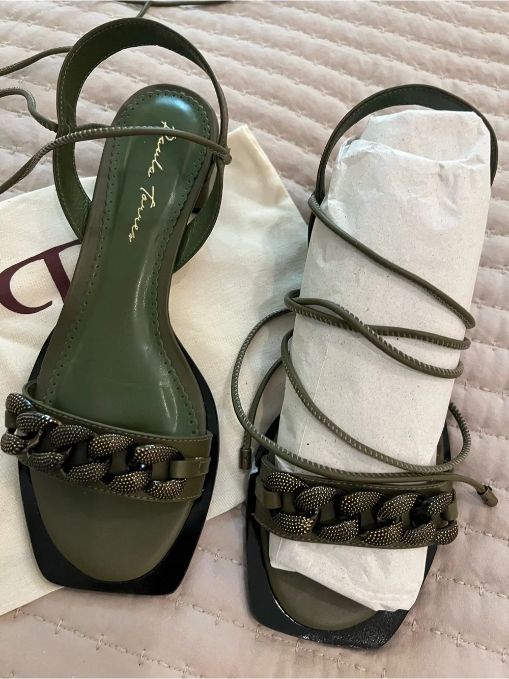 Piazza Flower Olive Green Chain-Trim Lace-Up Sandals