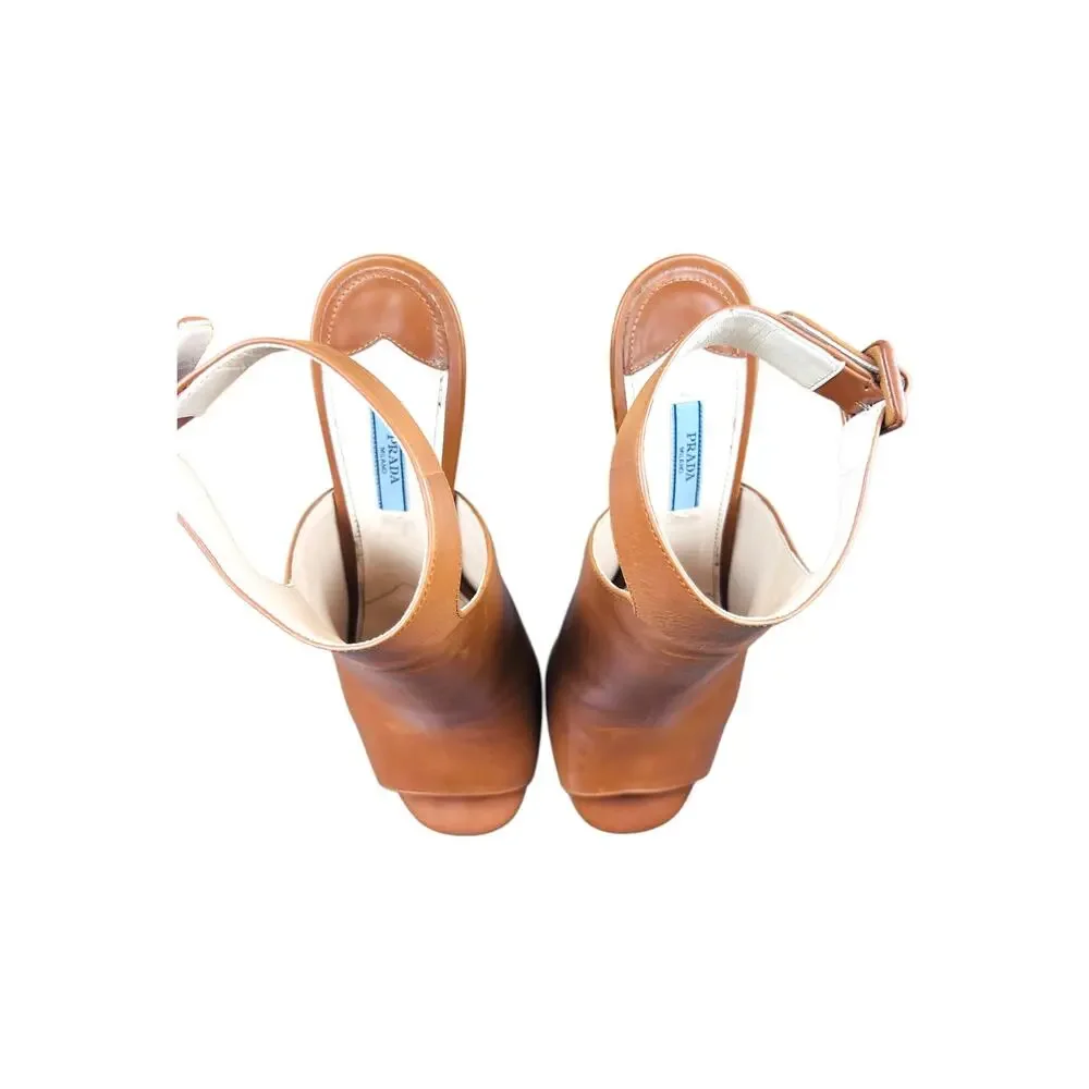 Prada Brown Leather Metallic Block Heel Ankle Strap Sandals 40