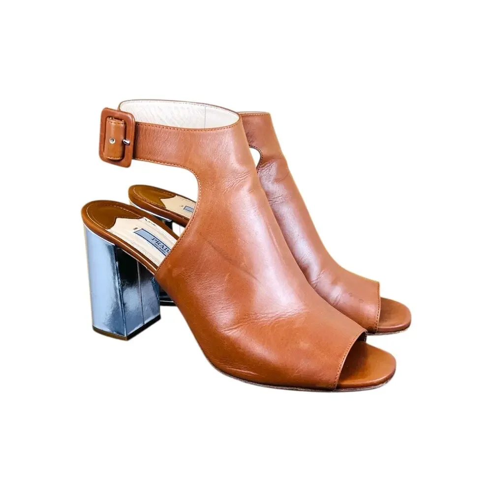 Prada Brown Leather Metallic Block Heel Ankle Strap Sandals 40