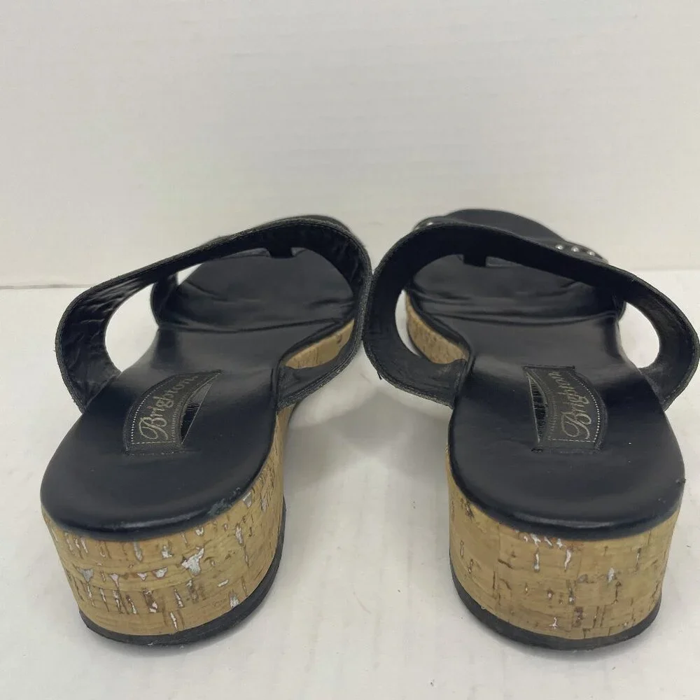 Brighton Sandals Size 9 M Slip On Slides Black Silver Cork Wedge Heel Studded