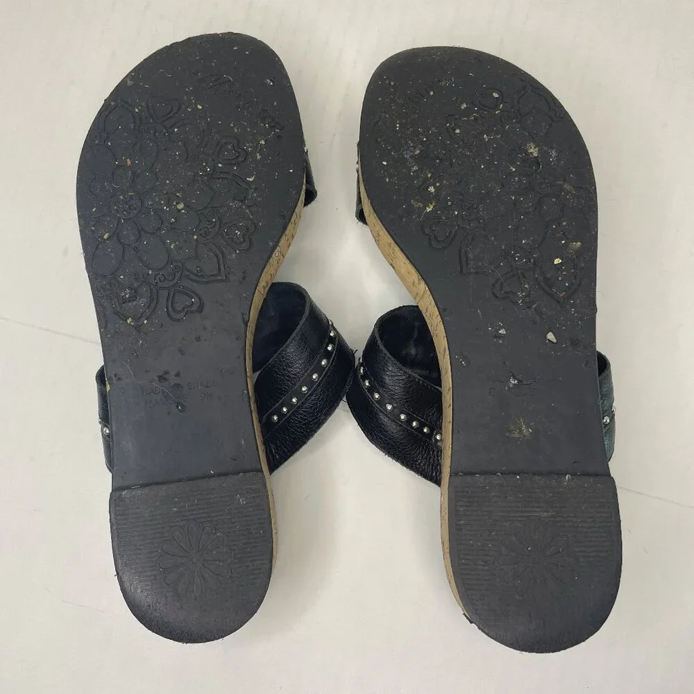 Brighton Sandals Size 9 M Slip On Slides Black Silver Cork Wedge Heel Studded