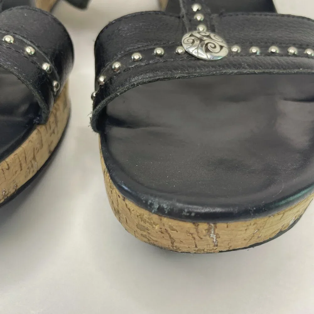 Brighton Sandals Size 9 M Slip On Slides Black Silver Cork Wedge Heel Studded