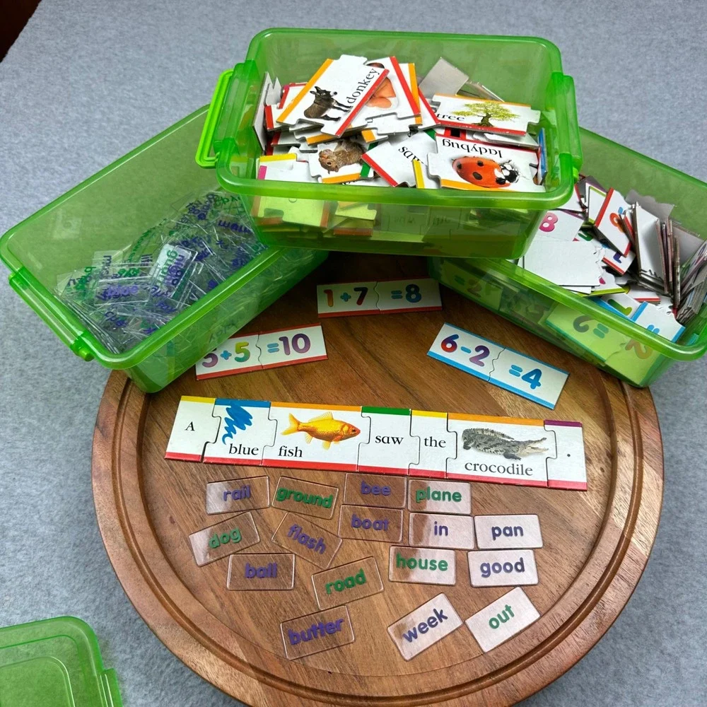 Educational Learning Puzzle Set Sentence Building Math Facts Storage Bins