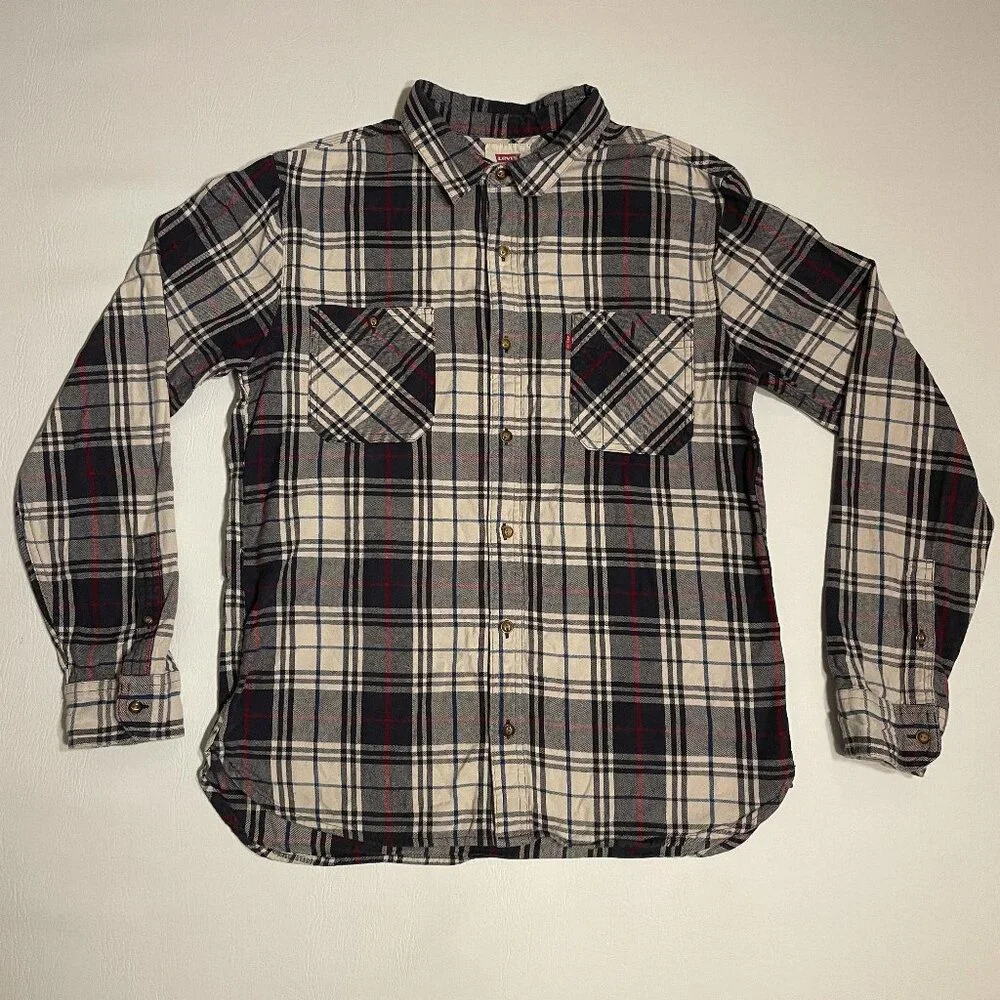 Levis Flannel Shirt Mens Size L Navy Blue Red Plaid Long Sleeve Button Up Cotton