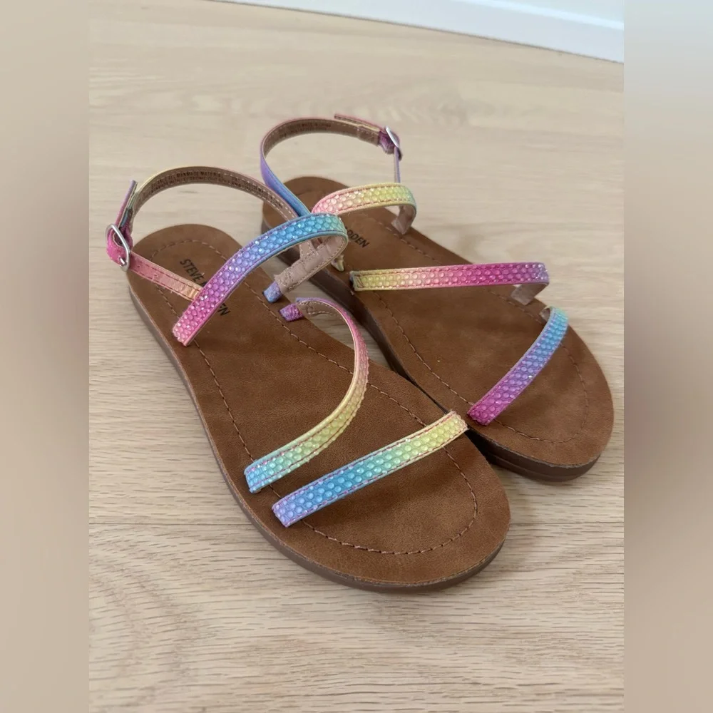 New Steve Madden Girl’s Sz‎ 3 j plum sparkle strappy sandals rhinestone rainbow