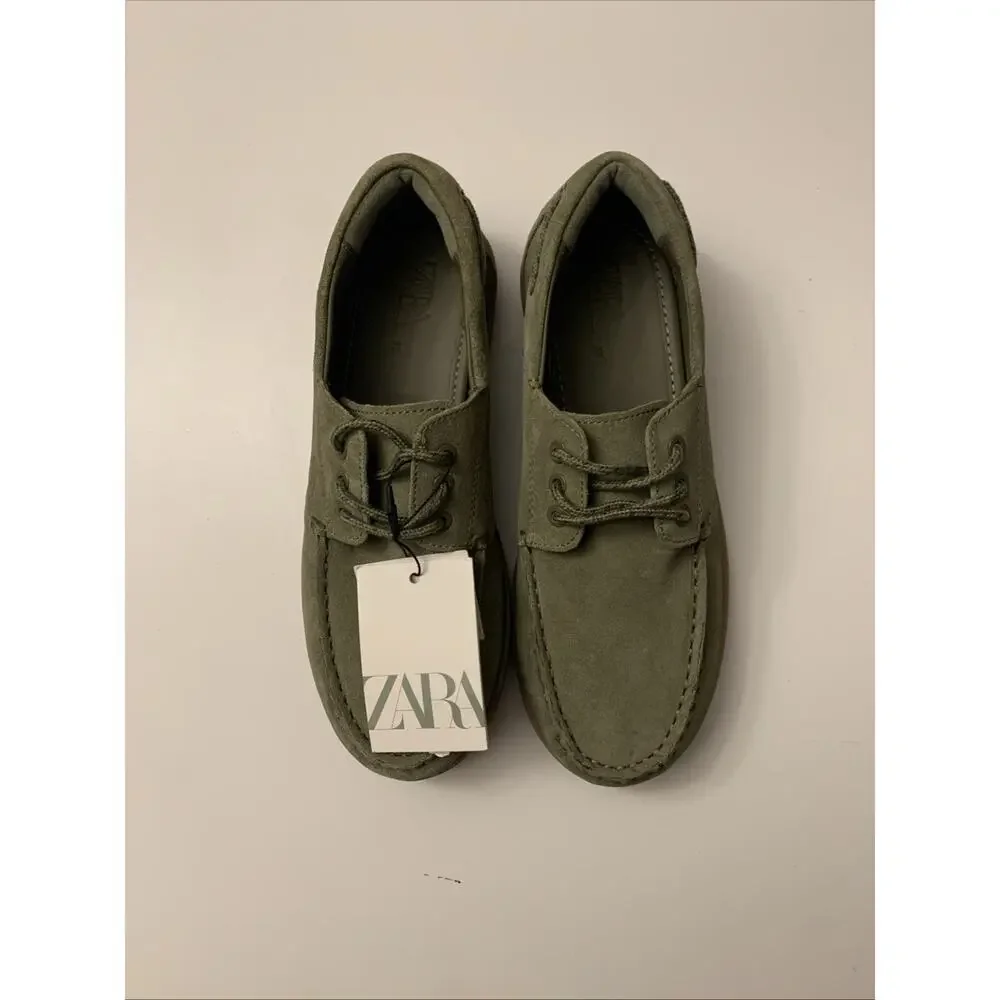 ZARA Boys Suede Moc Toe Shoes Green Lace Up Youth Size 3.5 EU 35 NWT