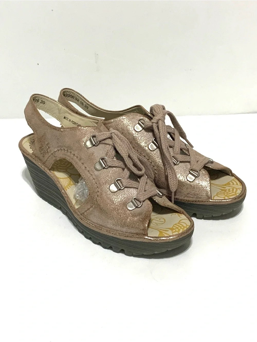 Fly London YlfaWedge Sandals Metallic Leather Brushed Lace Up EU 39‎