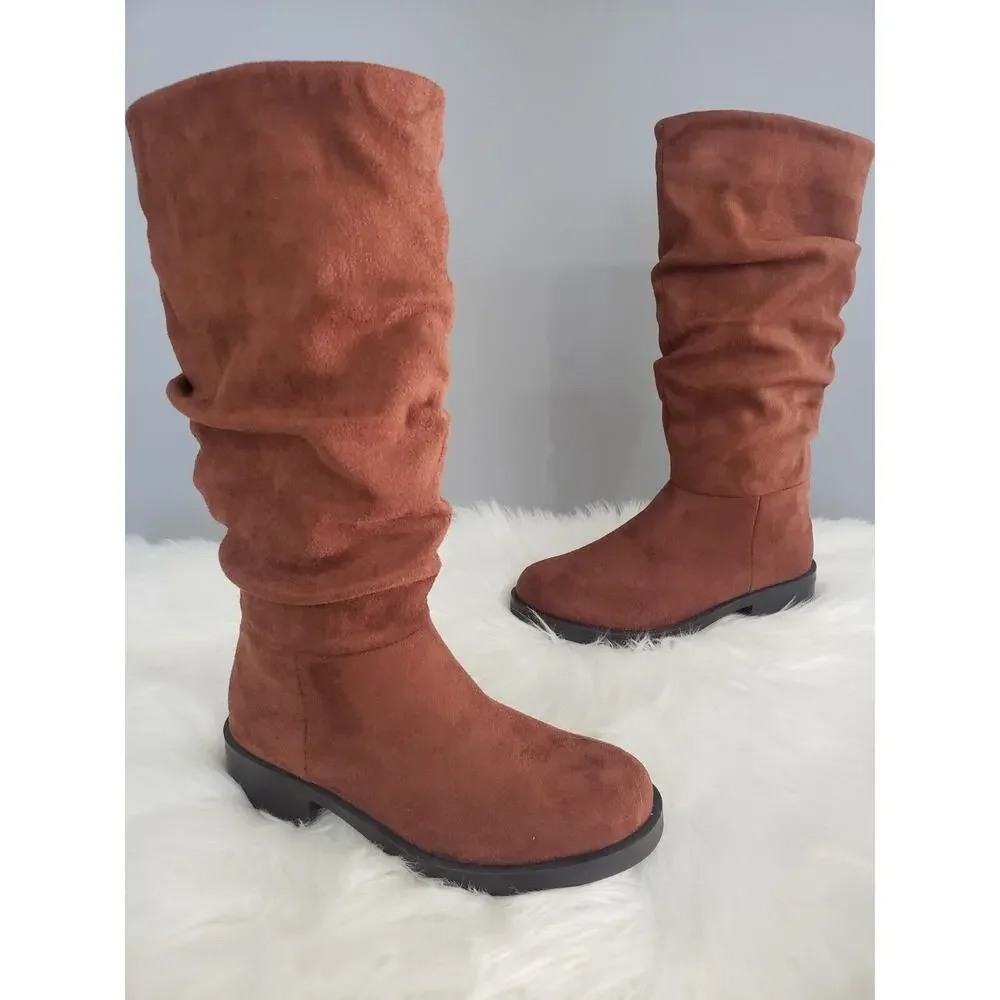 NEW SIZE 1 LITTLE KID Steve‎ Madden JCECEE RUCHED BOOT BROWN Slouched Tall Suede