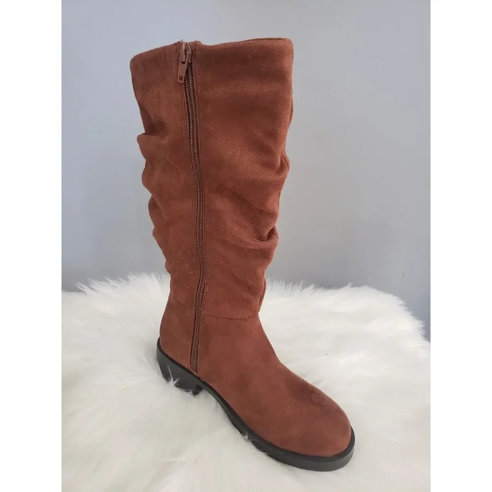 NEW SIZE 1 LITTLE KID Steve‎ Madden JCECEE RUCHED BOOT BROWN Slouched Tall Suede
