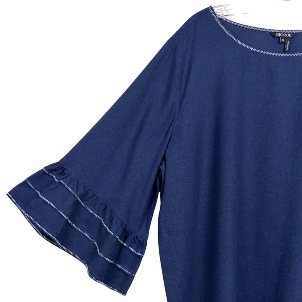 Nic+Zoe Linen Blend Bell Sleeve Blouse Navy Size XL