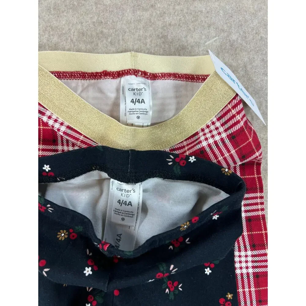Carter's Christmas Red Plaid Black Floral Pants Leggings Girls Size 4 NWT