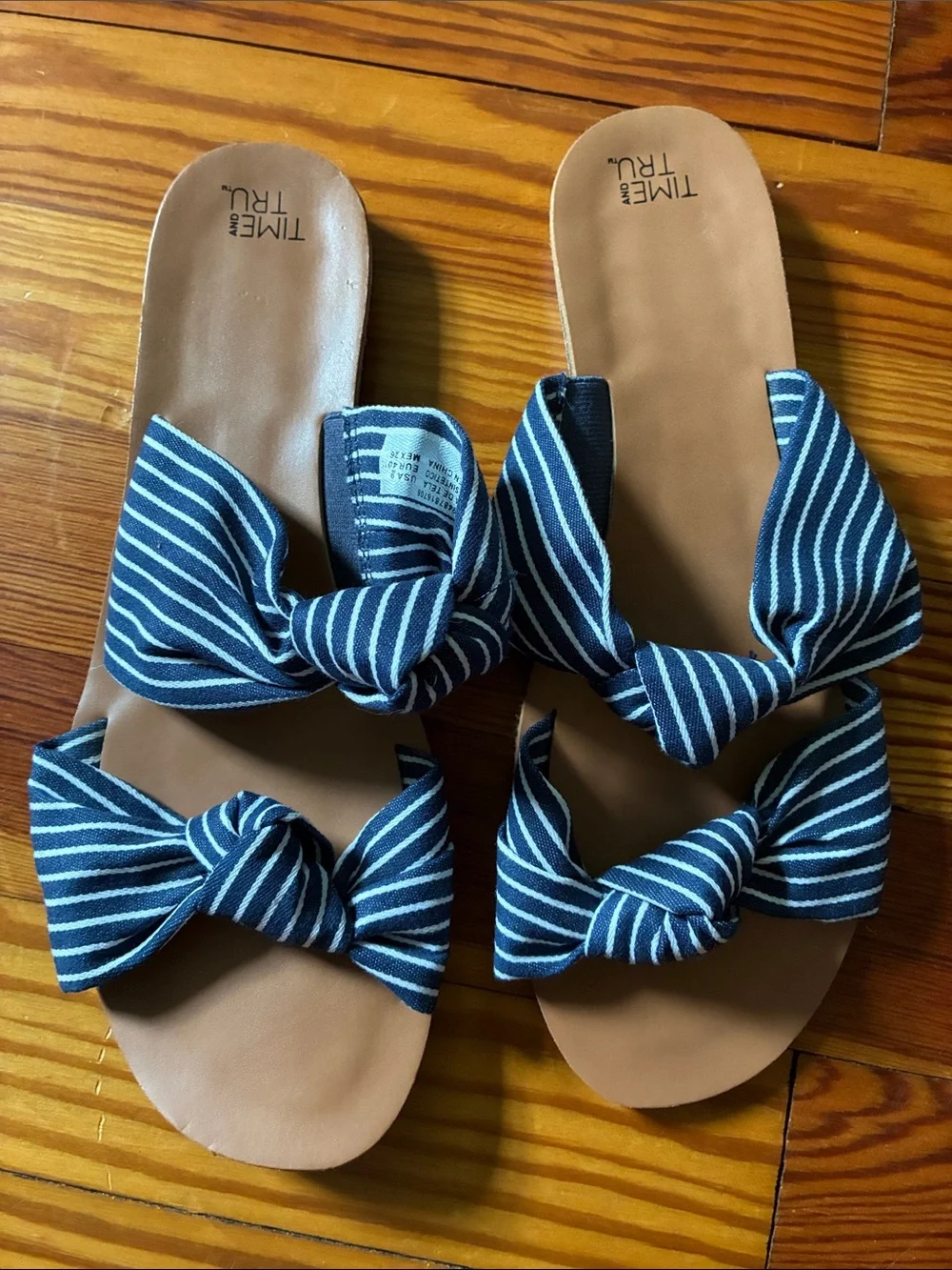Time and Tru Navy and White Striped Knot Slide Sandals