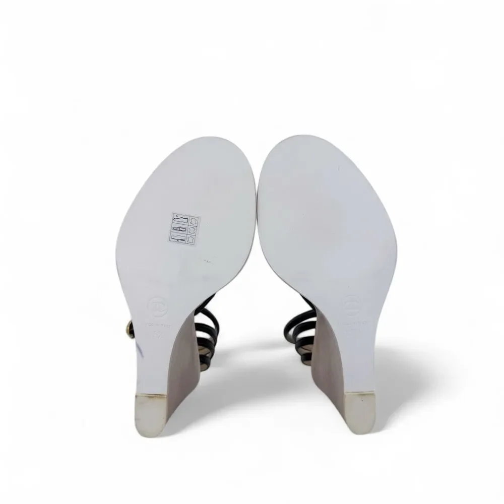 CHANEL Black & Eggshell CC Logo Wedge Heel Sandals IT38.5