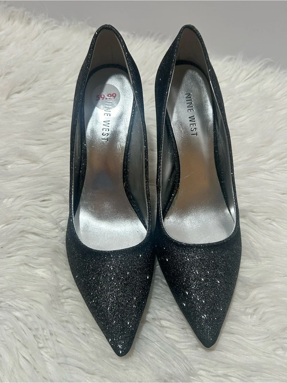 Nine West NW Flax size 6 black/silver gunmetal  glitter 3.5 inch heels