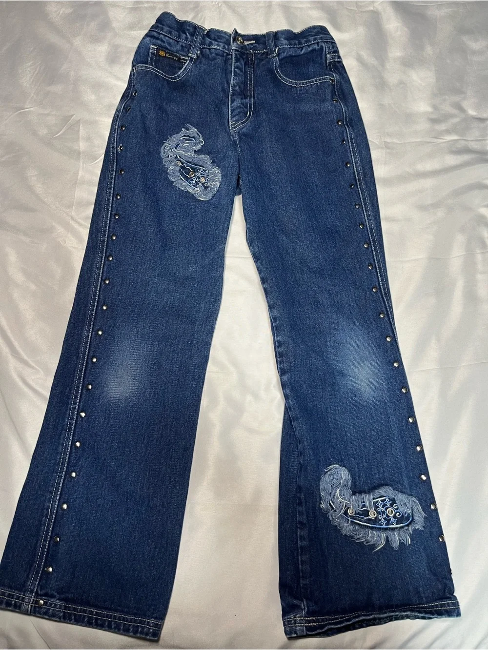VTG Route 66 Girls Size 10 Embroidered Yin Yang Flare Jeans Y2K Blue Denim