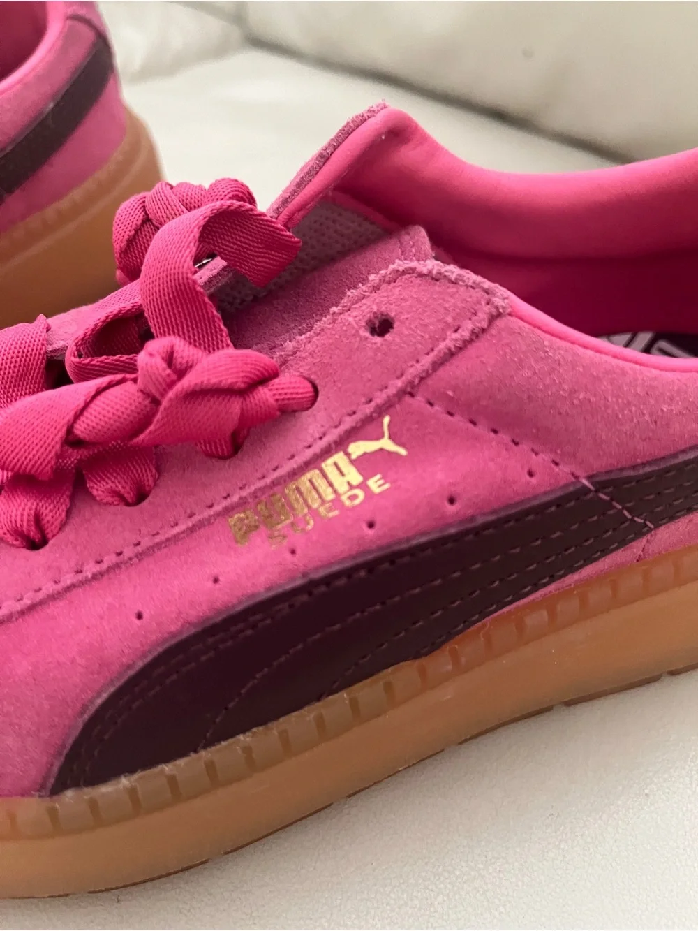 Puma Barbie Pink Suede Sneakers with Gum Platforms Soles