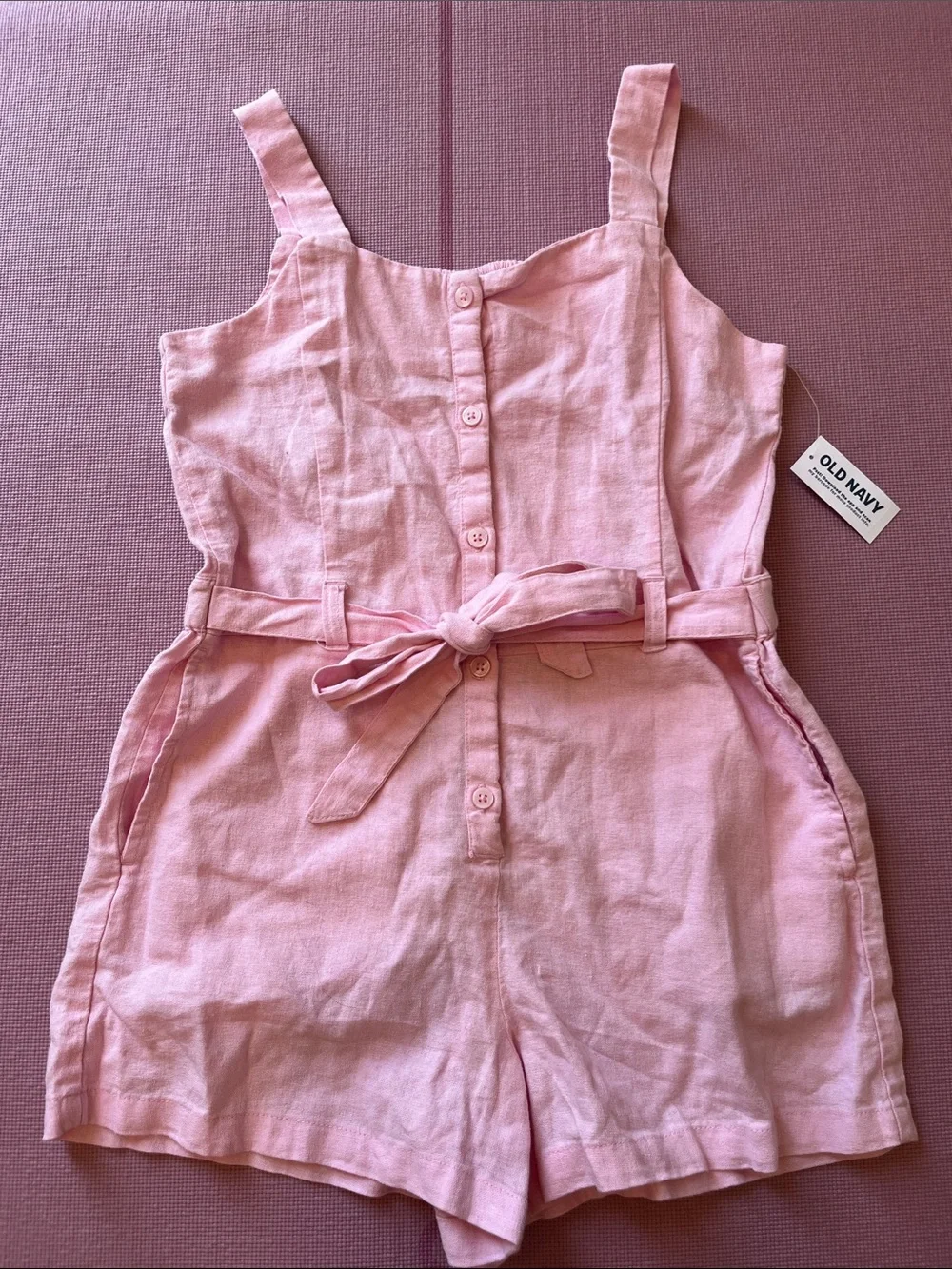 Old Navy Light Pink Linen-Blend Girls Romper with Tie Belt