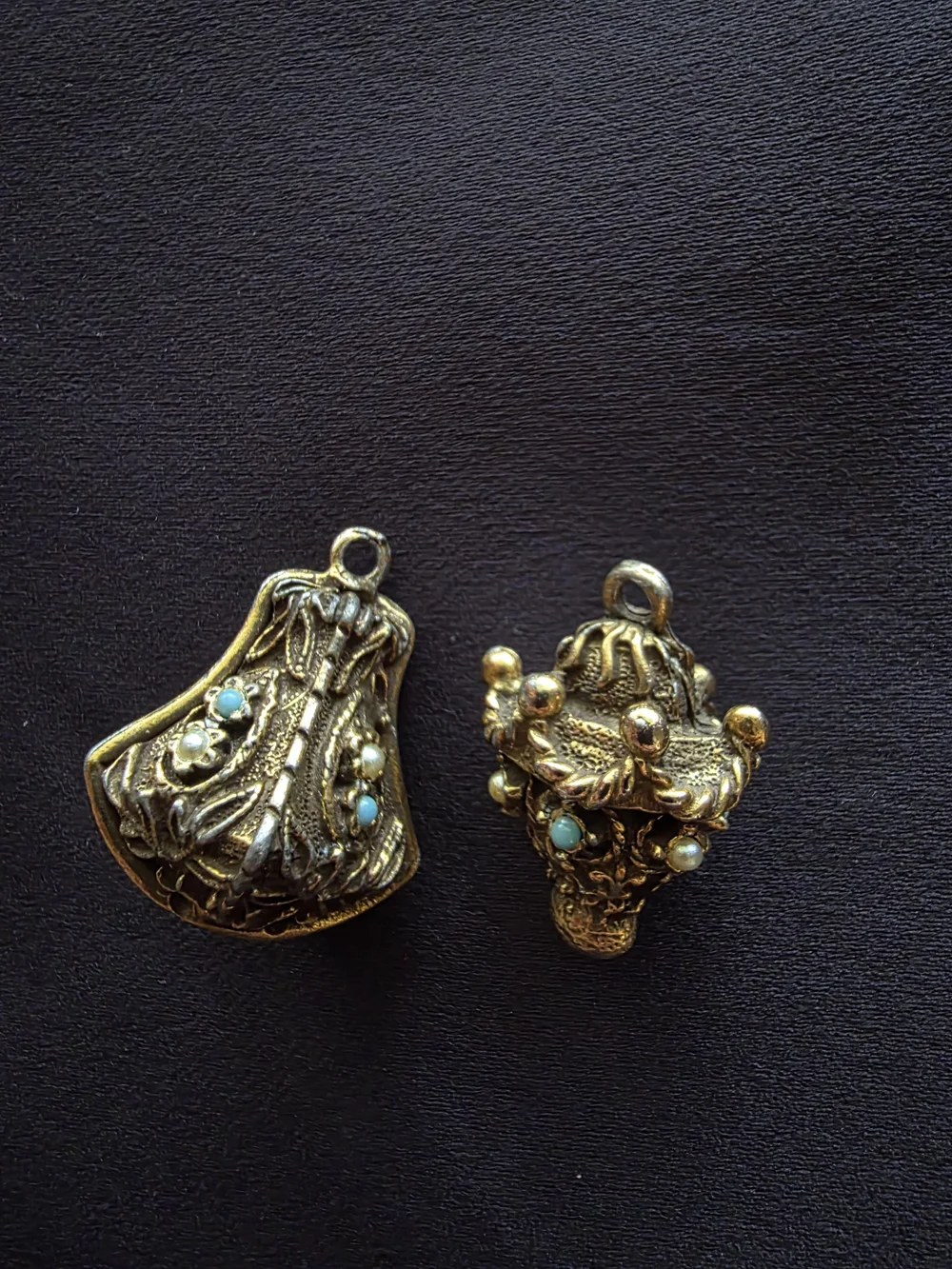Florenza Gold Tone Bell & Lantern Pendant Charm Set Faux Turquoise Faux Pearl