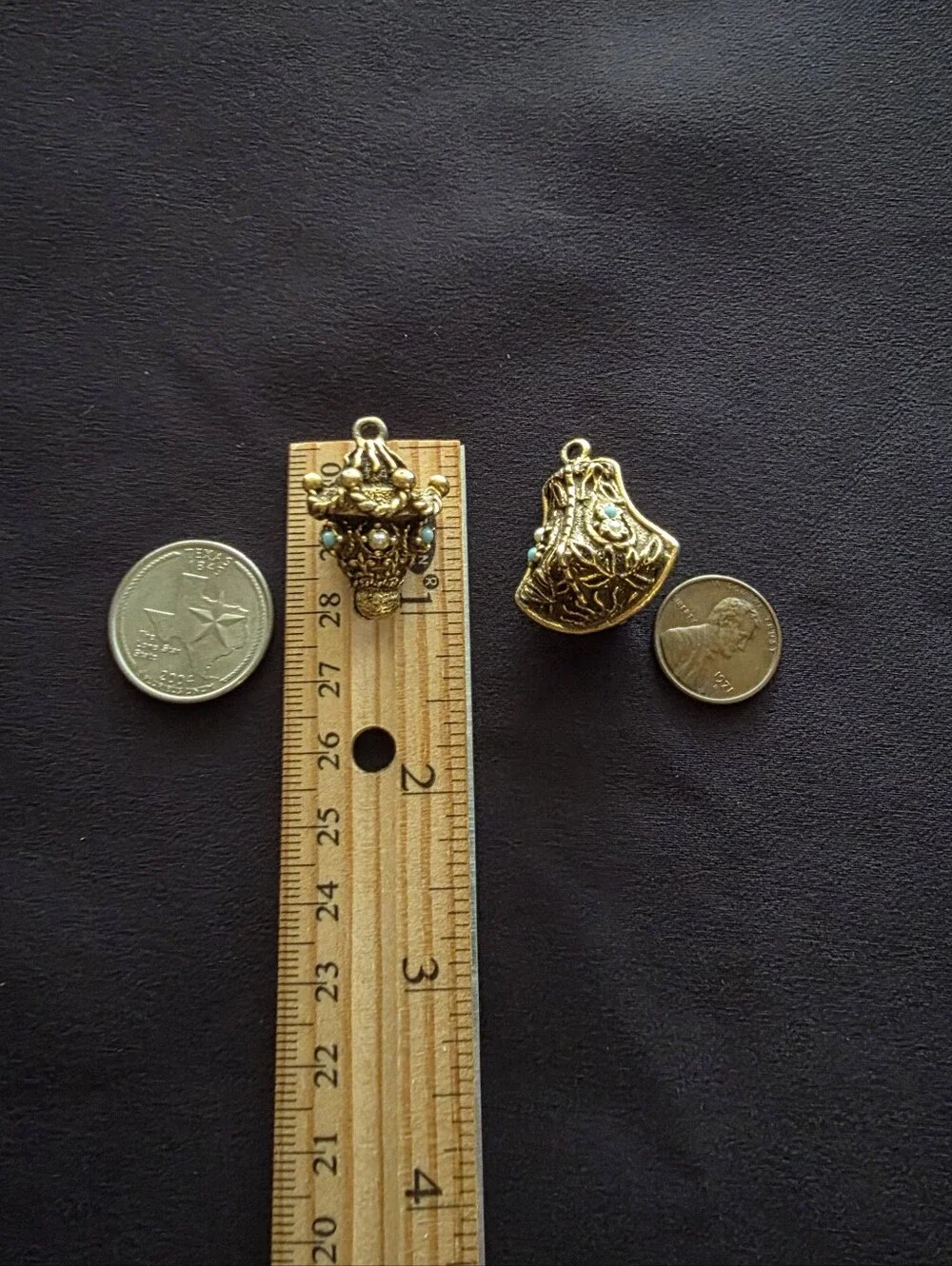 Florenza Gold Tone Bell & Lantern Pendant Charm Set Faux Turquoise Faux Pearl