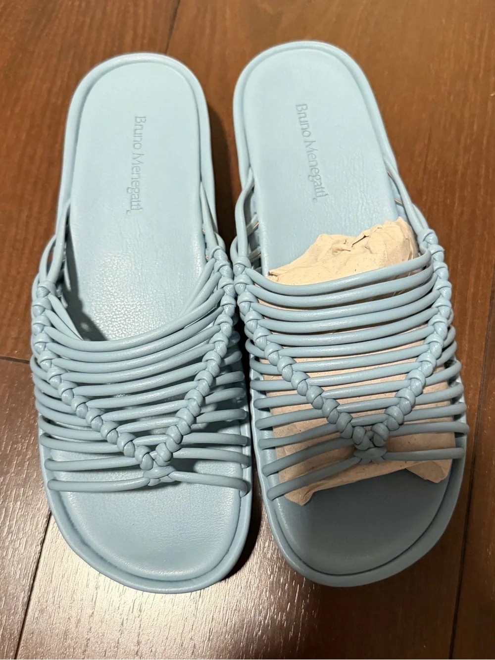 Bruno Menegatti Light Blue Leather Platform Slide Sandals Knotted Strap new 8