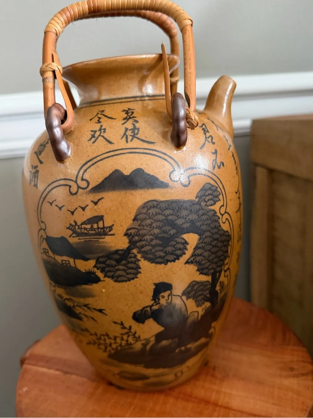 Vintage Chinese Decorative Ceramic Teapot hanging jug Vase with Bamboo Handle