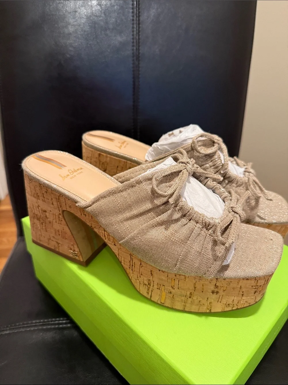 Sam Edelman Natural Beige Ruched Platform Mules with Cork Heel 8.5