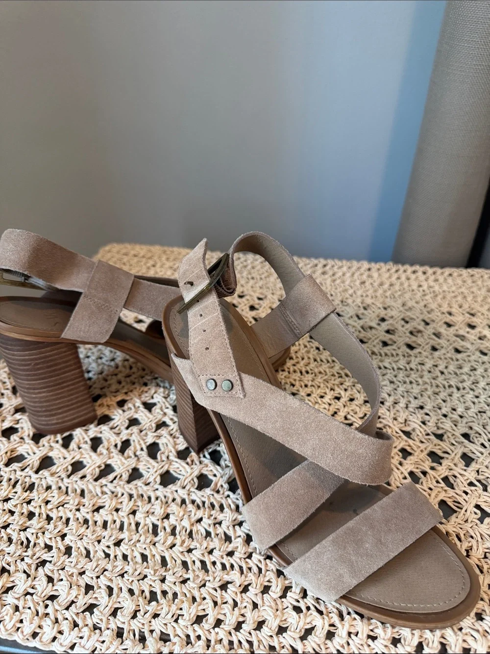 Franco Sarto Taupe Suede Cross-Strap Block Heel Sandals