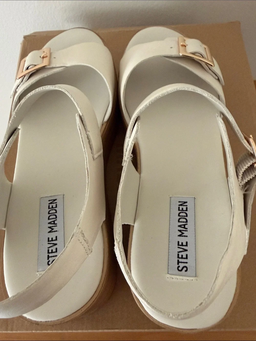 Steve Madden Cream Leather Platform Sandals with Gold Buckles