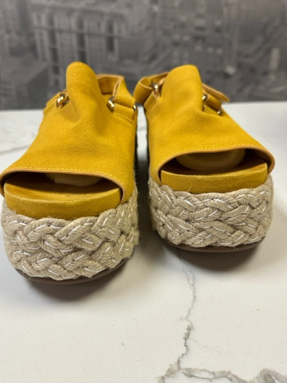 Anthro Kelsi Dagger Brooklyn Keys Yellow Suede Platform Espadrille Sandal Sz 11
