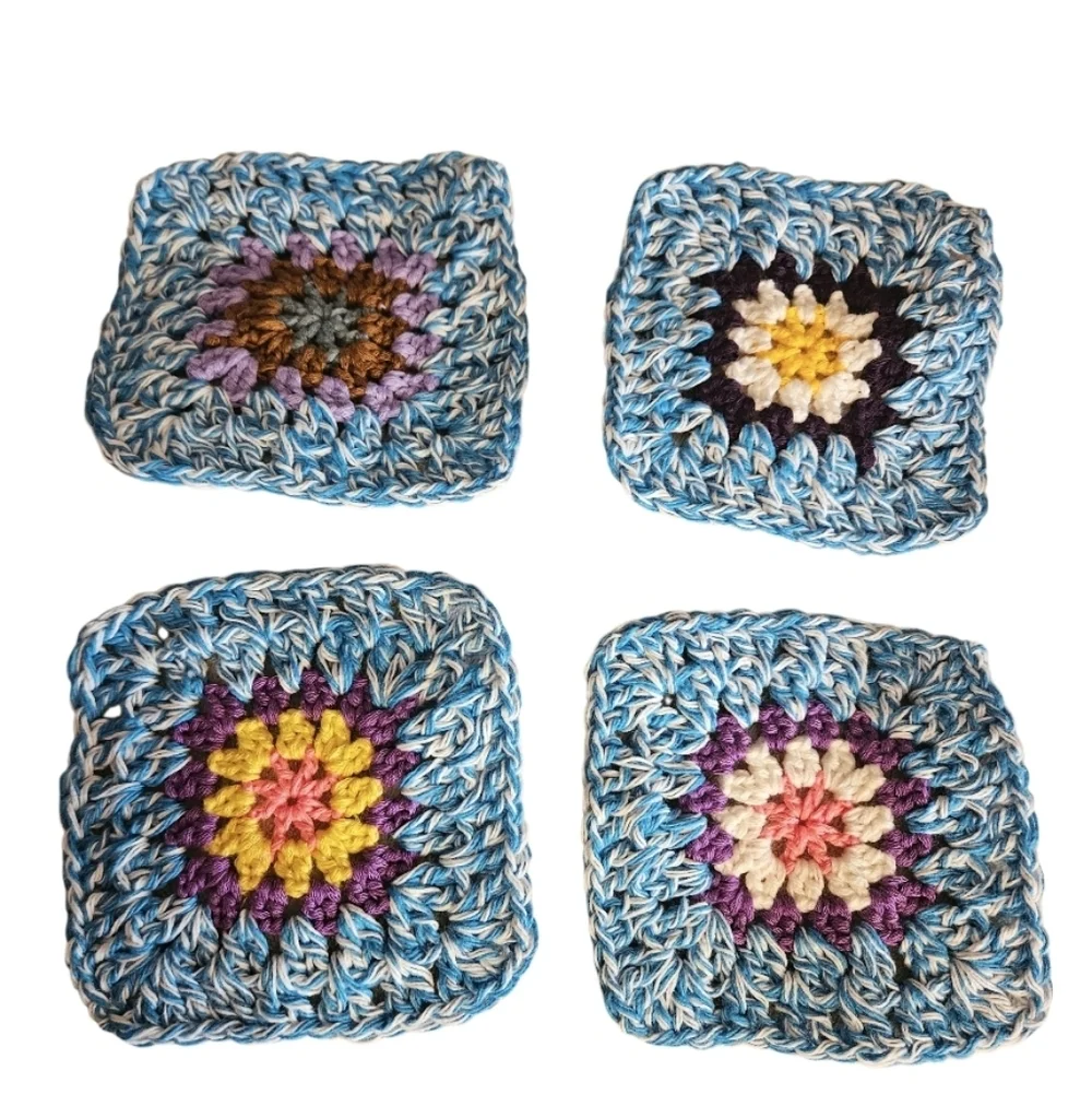 Handmade Turquoise Marl Crochet Granny Square 4-pc Coasters Set 100% Cotton