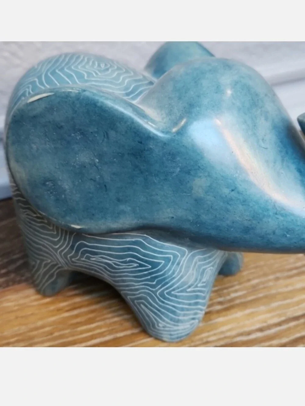 Afrikiko Soapstone Elephant Teal Blue Green White Abstract Circles