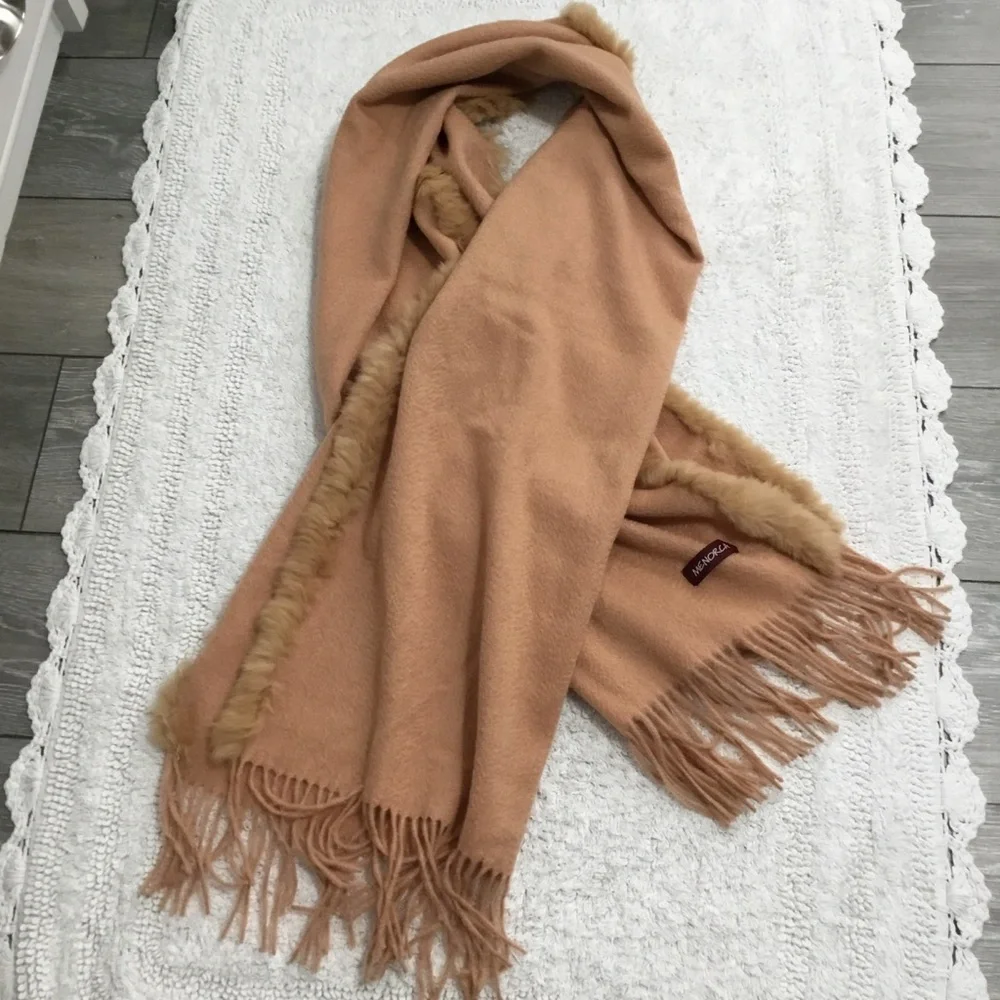 Wool Cashmere Wrap with Rabbit Fur Trim MENORCA aprox 66X20