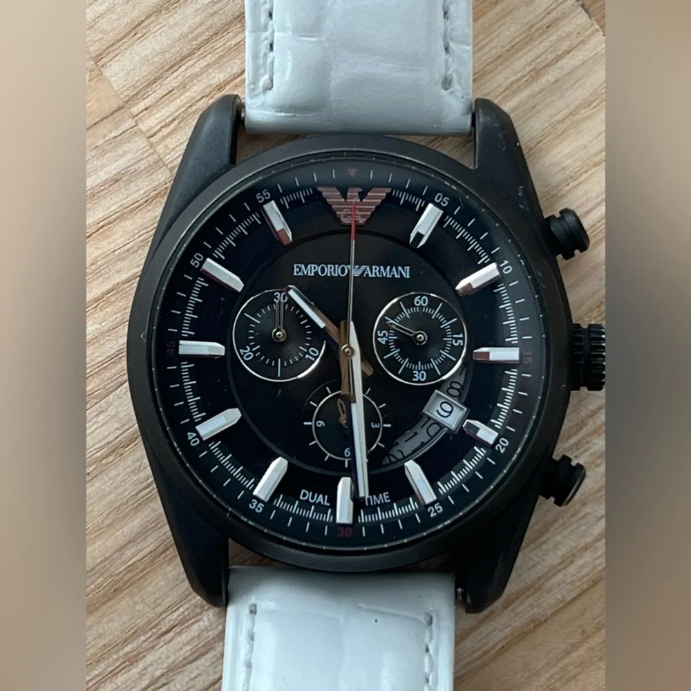 Emporio Armani Chronograph Watch Black Solid Stainless Case White Leather Strap