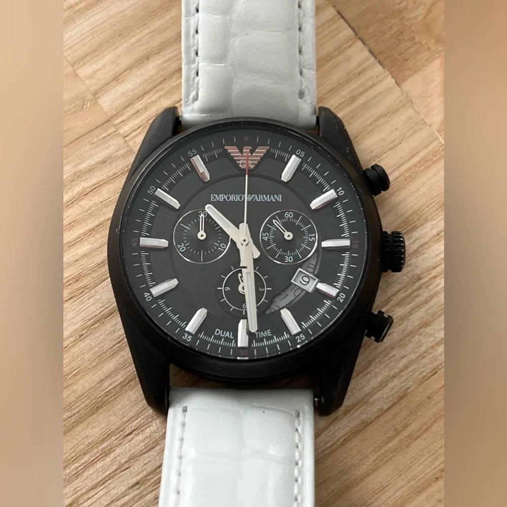 Emporio Armani Chronograph Watch Black Solid Stainless Case White Leather Strap
