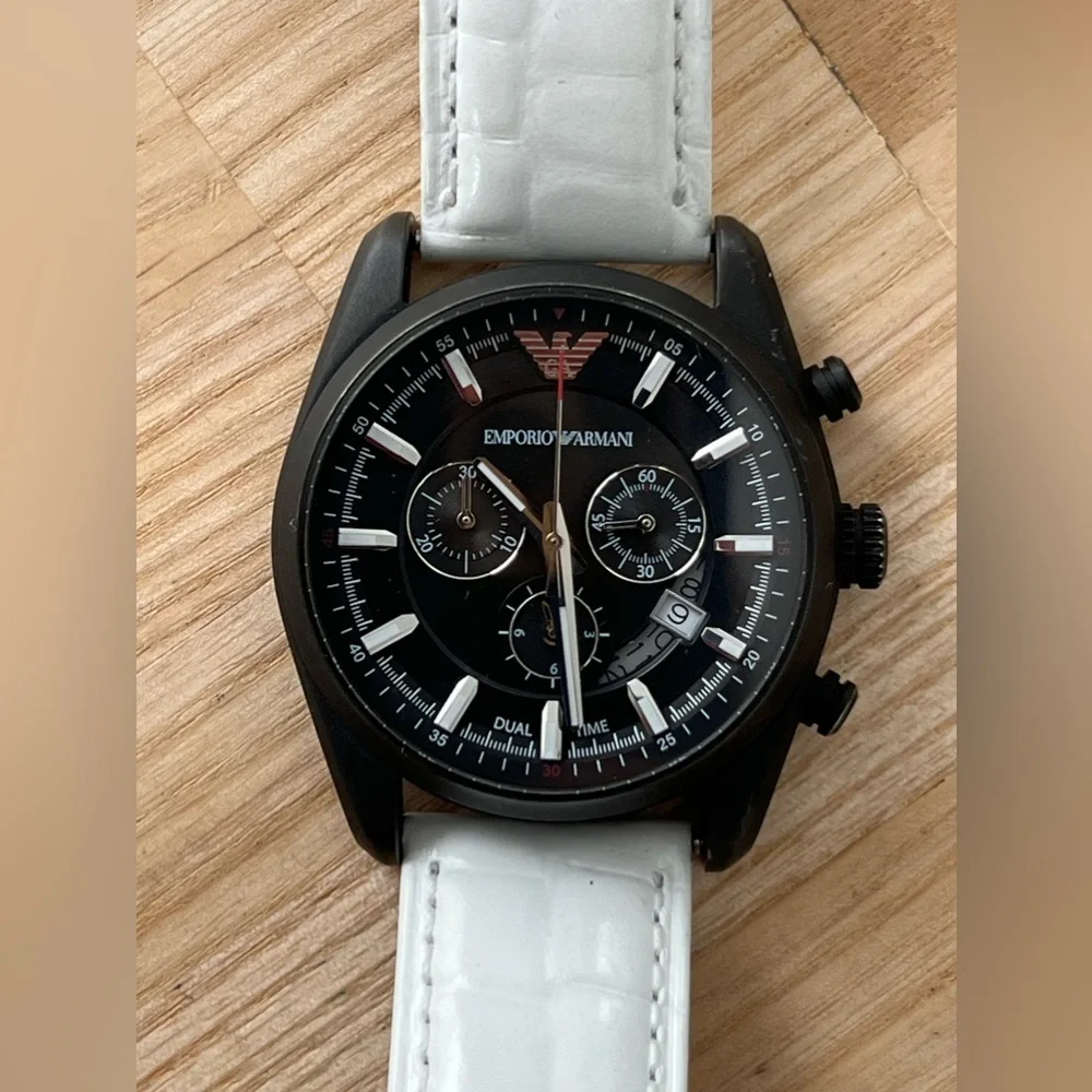 Emporio Armani Chronograph Watch Black Solid Stainless Case White Leather Strap