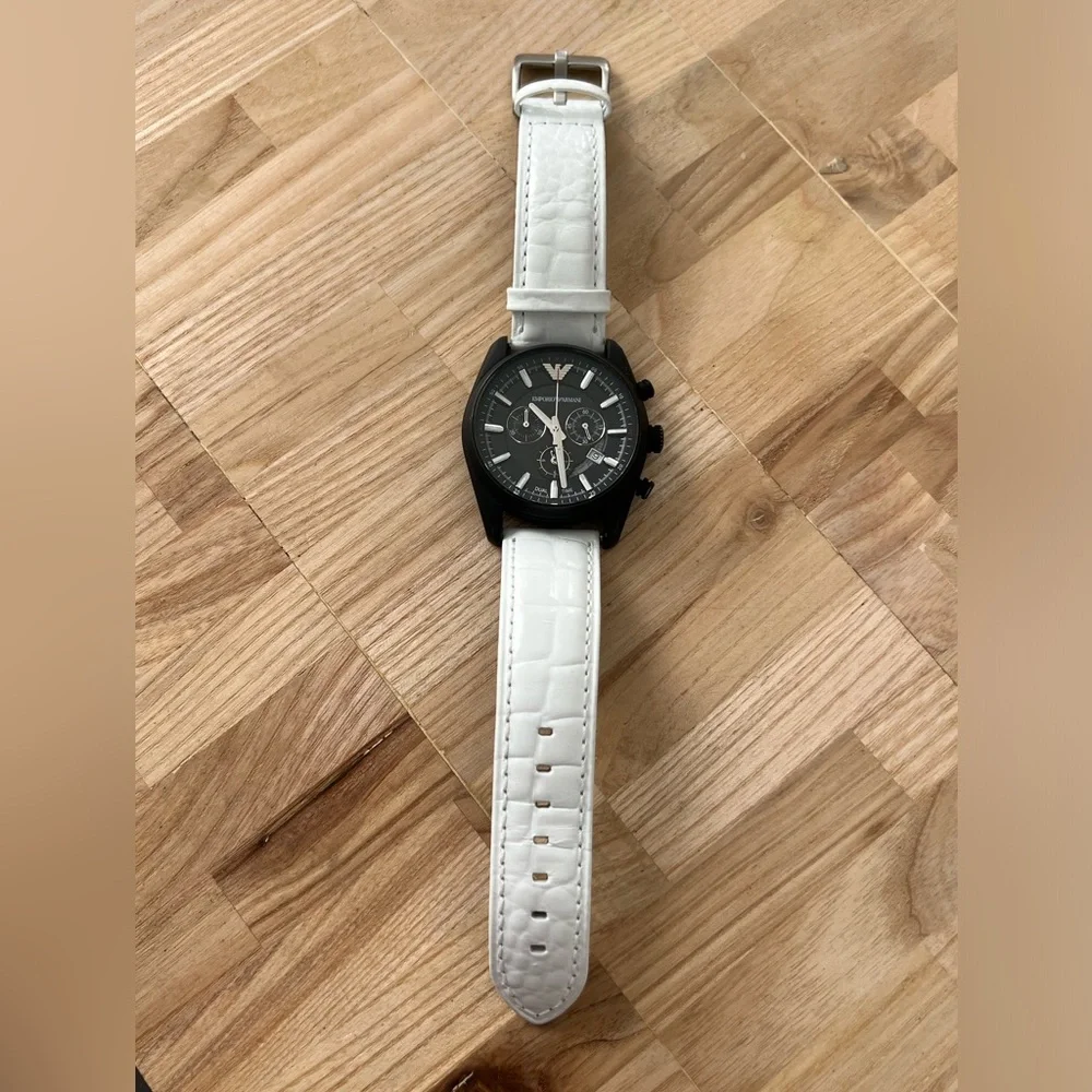 Emporio Armani Chronograph Watch Black Solid Stainless Case White Leather Strap