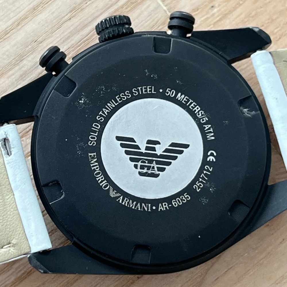 Emporio Armani Chronograph Watch Black Solid Stainless Case White Leather Strap