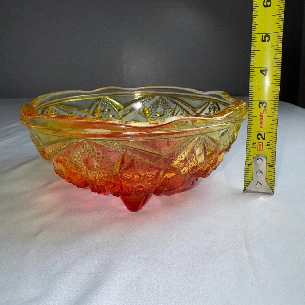 Vintage Amberina Glass Daisy and Button Footed Bowl Scalloped Orange Yellow 7in