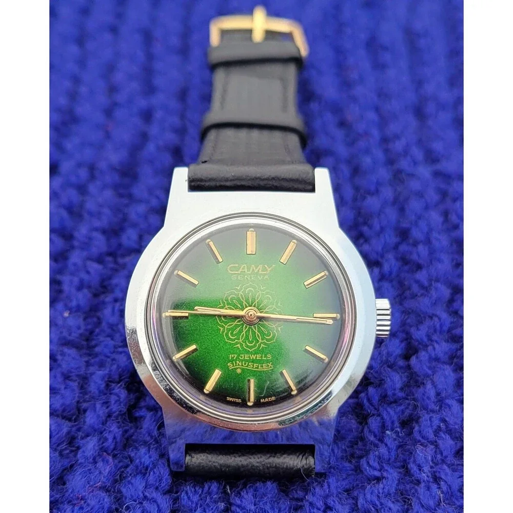 Vintage Camy Sinusflex Watch 17 Jewels Mechanical Green Gradient Dial Gold