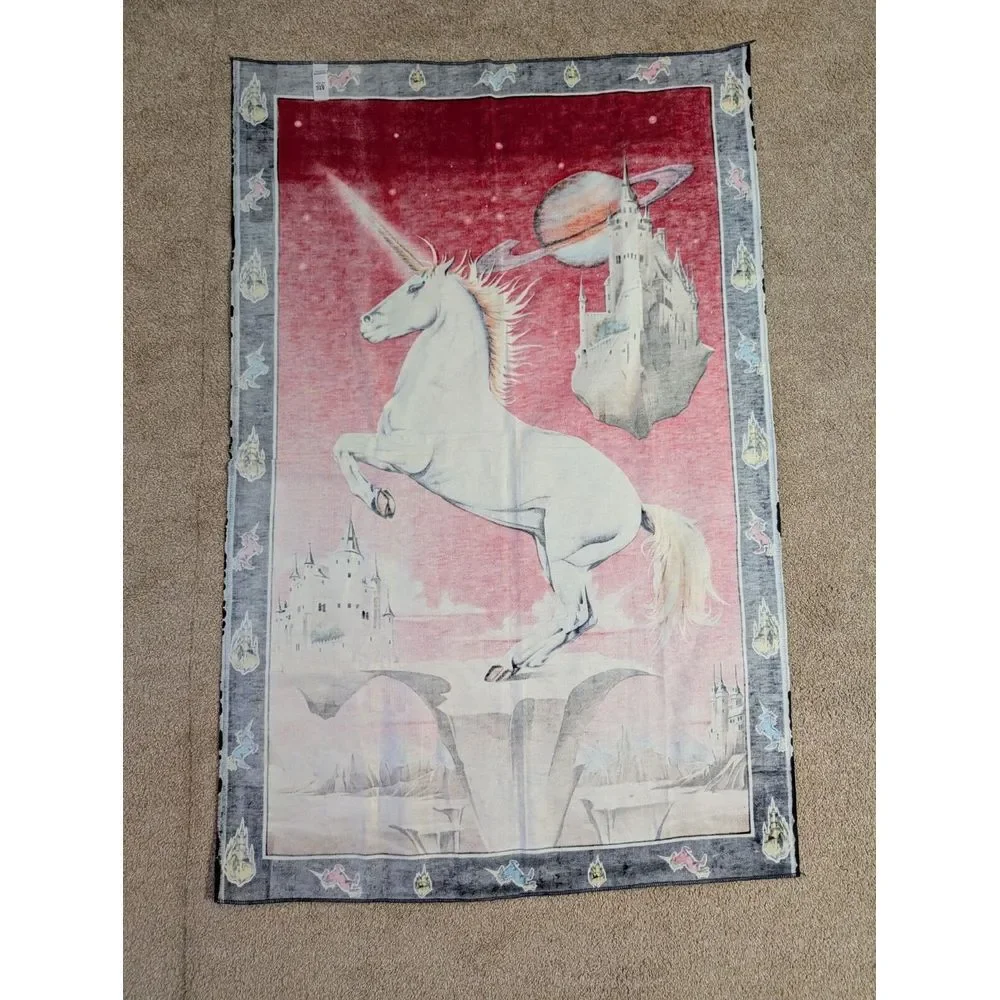 Vintage ATC NY Unicorn Fantasy Tapestry‎ Psychedelic Space Castle 80s Wall Art