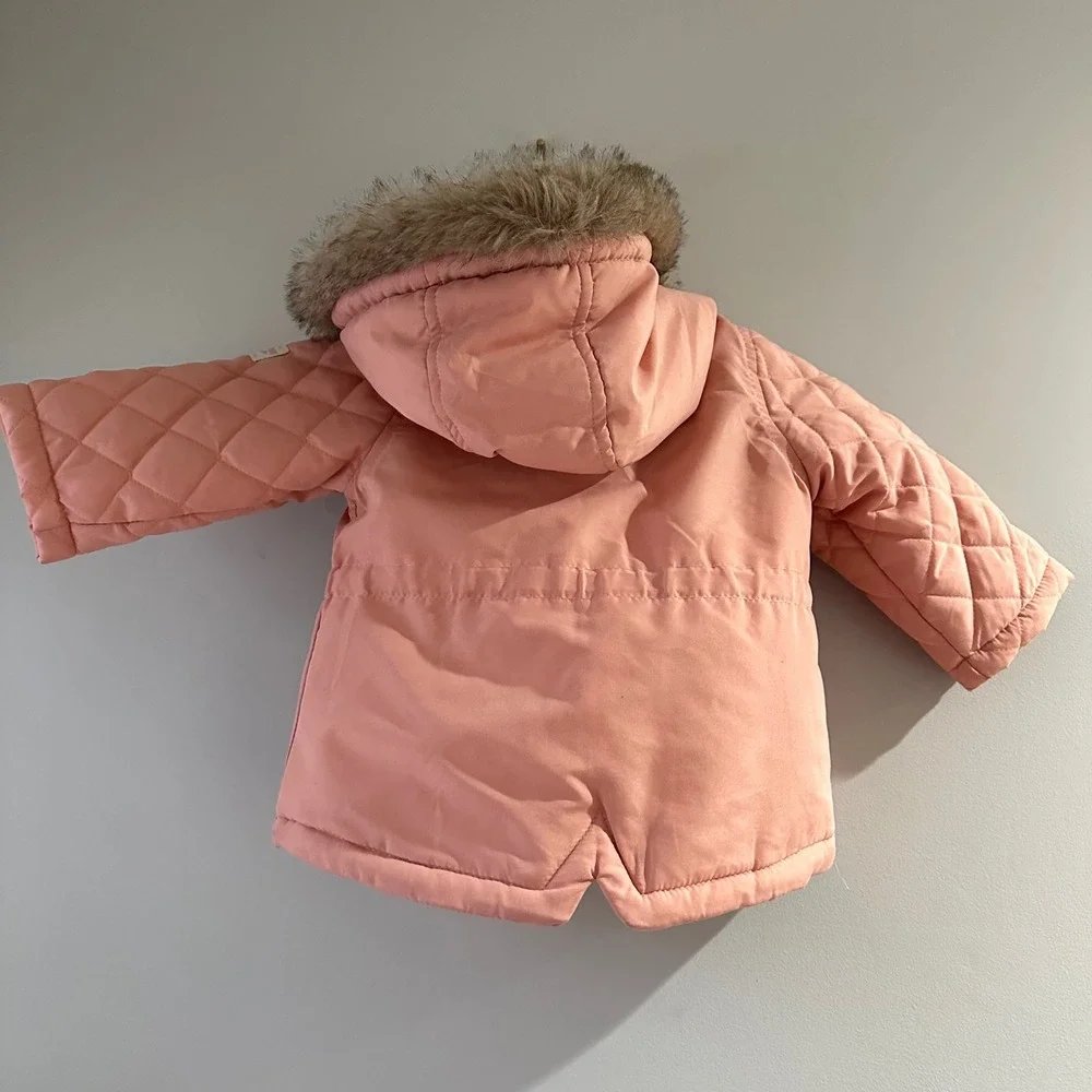 OshKosh B'gosh Baby Girls Quilted Hooded Parka Jacket Pink Size 12M‎ Faux Fur