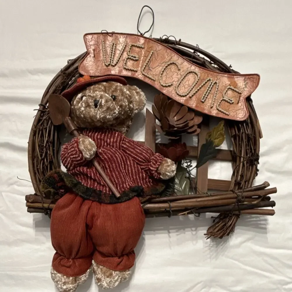 Plush Teddy Bear Artificial Flower Rustic Wood Vine Door Wreath Decoration 15x13