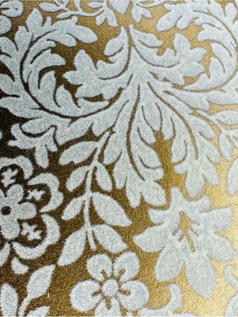 Vintage 1970s Flocked Damask Wallpaper Roll White Velvet Gold Floral 20.5”