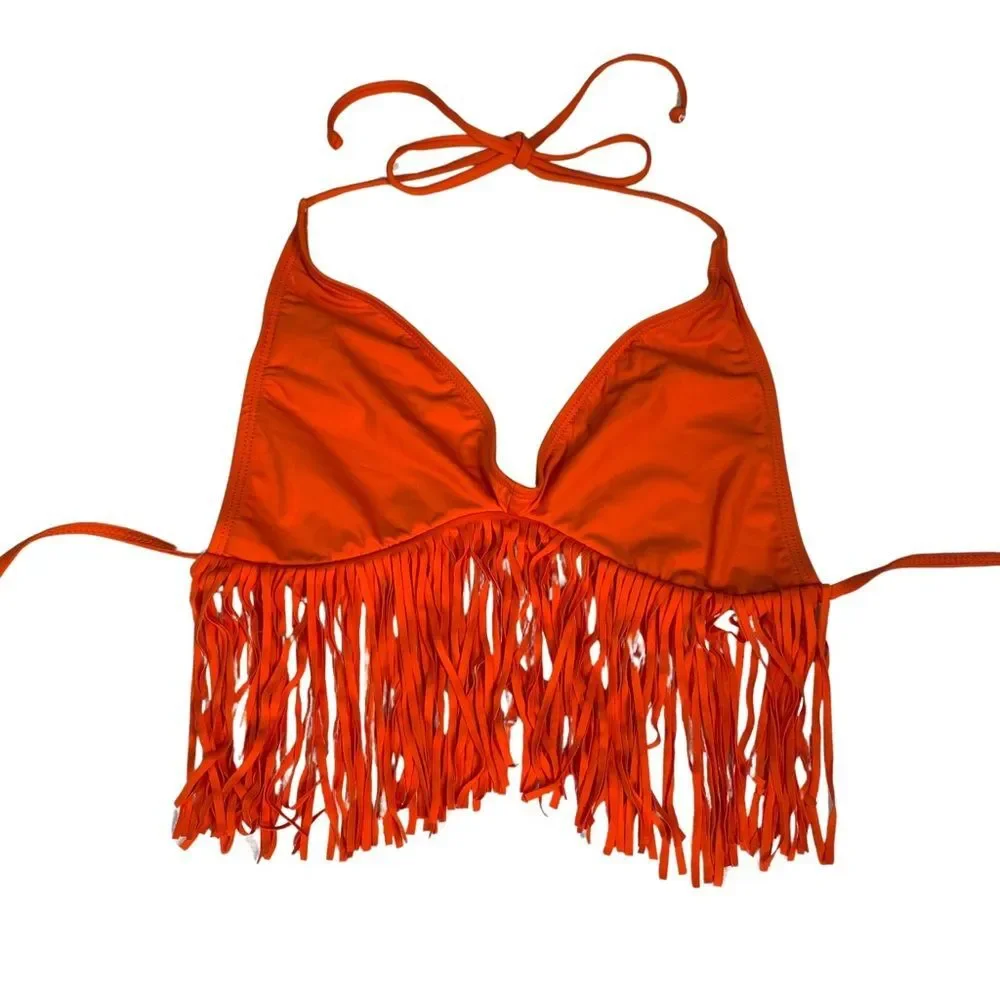 L*Space Orange Fringe Halter Bikini Top Womens Size M Made in USA