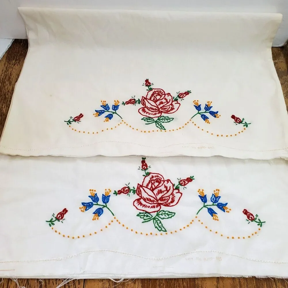 Vintage Hand Embroidered Floral Pillowcases White Cotton Pair 2 Cottagecore