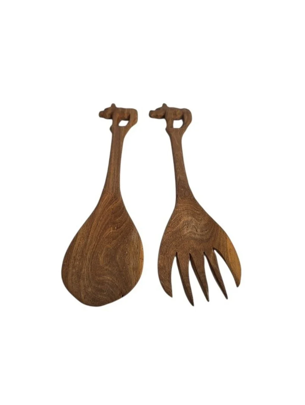 Hand Carved Wooden Rhinoceros Rhino Salad Servering Utensils 8