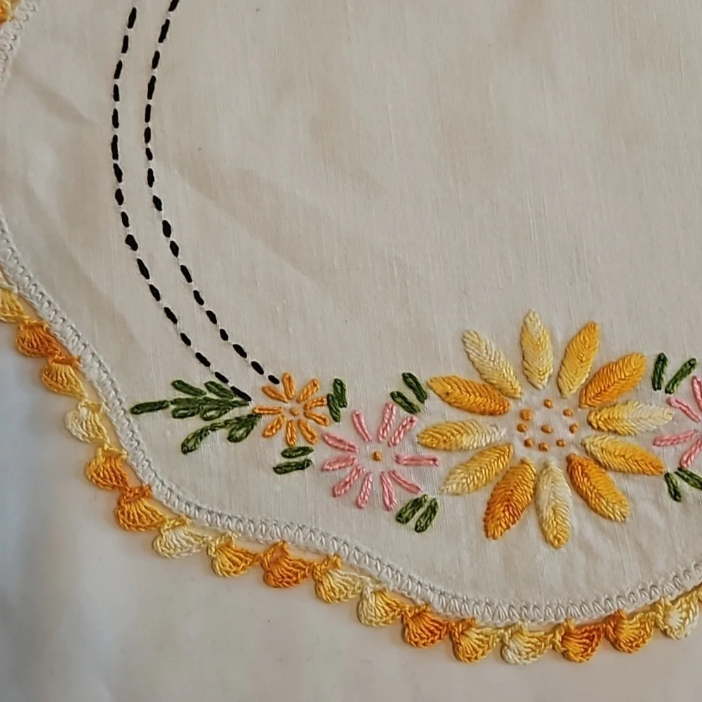 Hand Crafted Needlepoint Doily Circular Set-5 Botanical yellow floral farmhouse